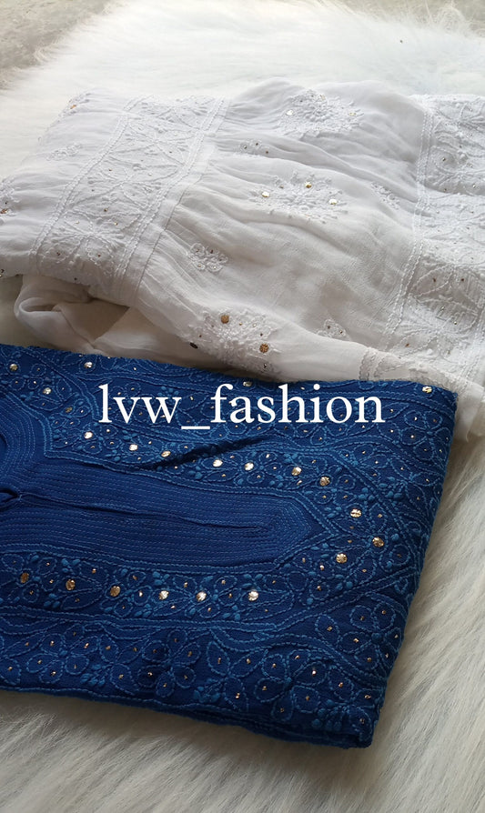 Beautiful Combination Of Blue & White Gharara Set