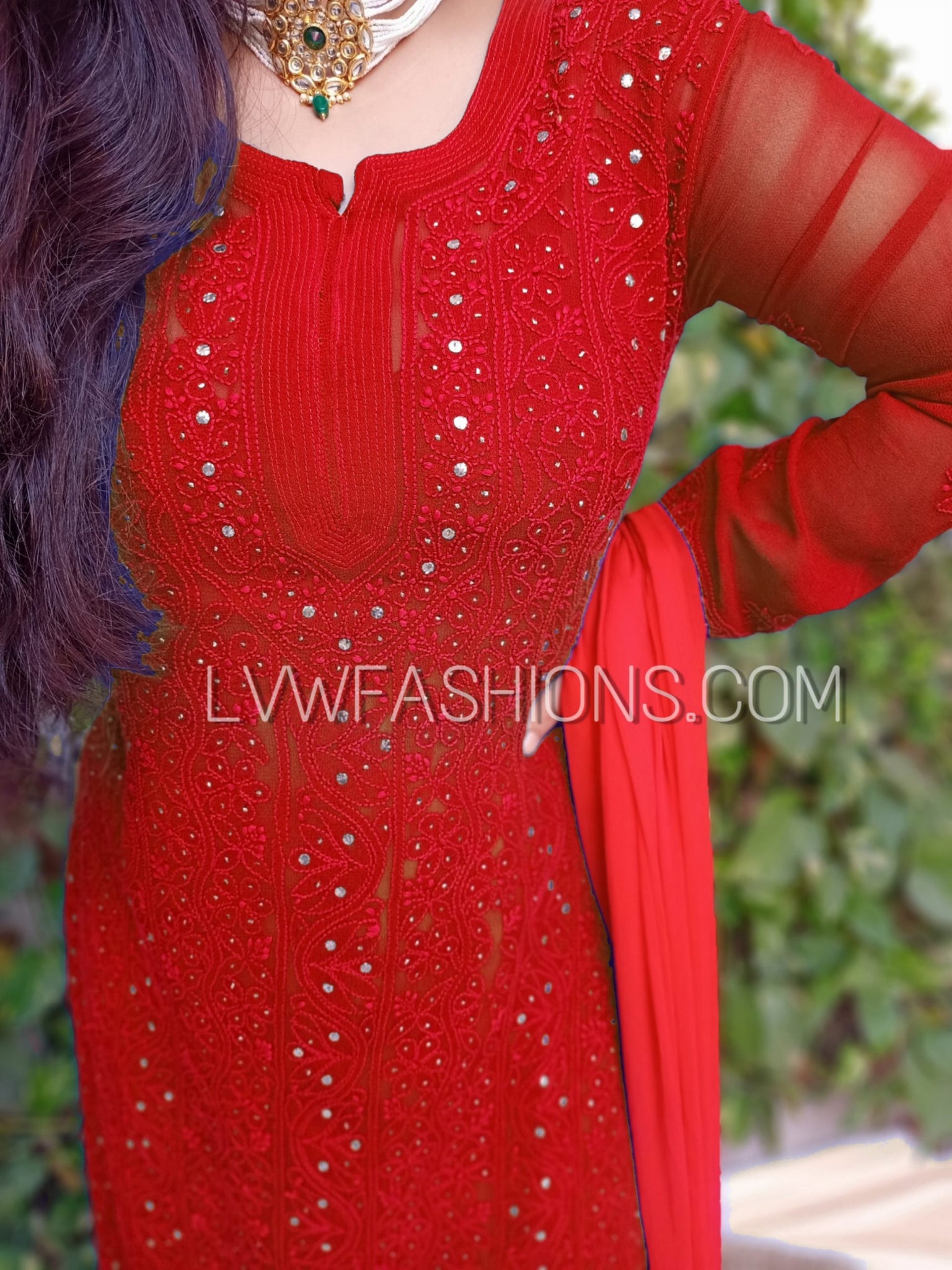 Beautiful Premium Georgette Deep Red 3 Piece Set