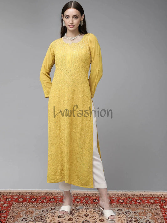 Premium Georgette Lime Yellow Long Kurta With slip