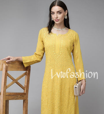 Premium Georgette Lime Yellow Long Kurta With slip