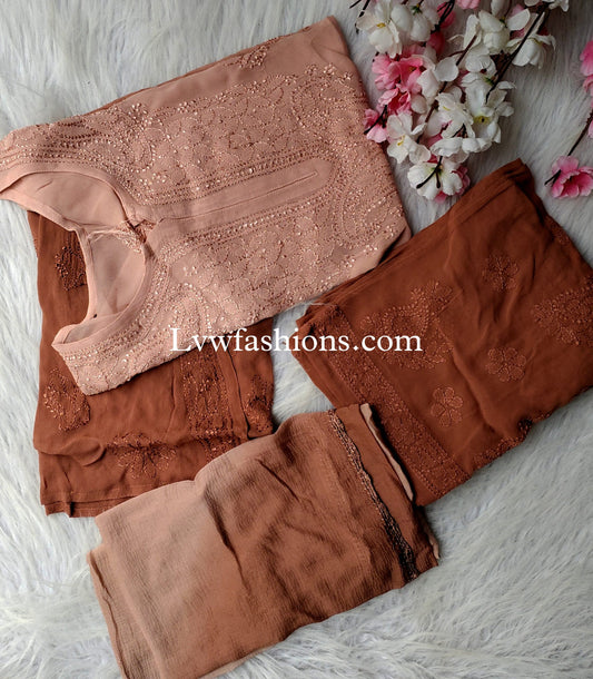 'Elham' Brown (Crayola)Premium Georgette 3 Piece Set of Resham Thread