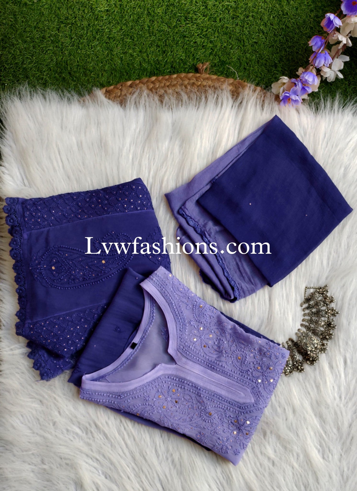 Beautiful Blue Ombre Chikankari 3 Piece Set
