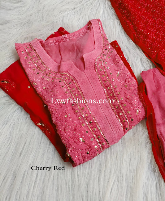 M E E R A Beautiful Shades Of Premium Georgette Resham Kurta with Inner