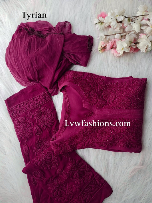 Oversized Premium Georgette 3 Piece Set With Chikankari And Kamdani Embroidery