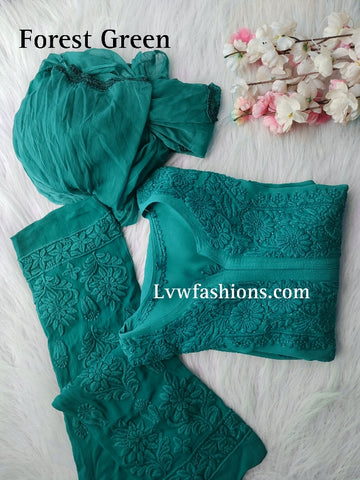 Oversized Premium Georgette 3 Piece Set With Chikankari And Kamdani Embroidery