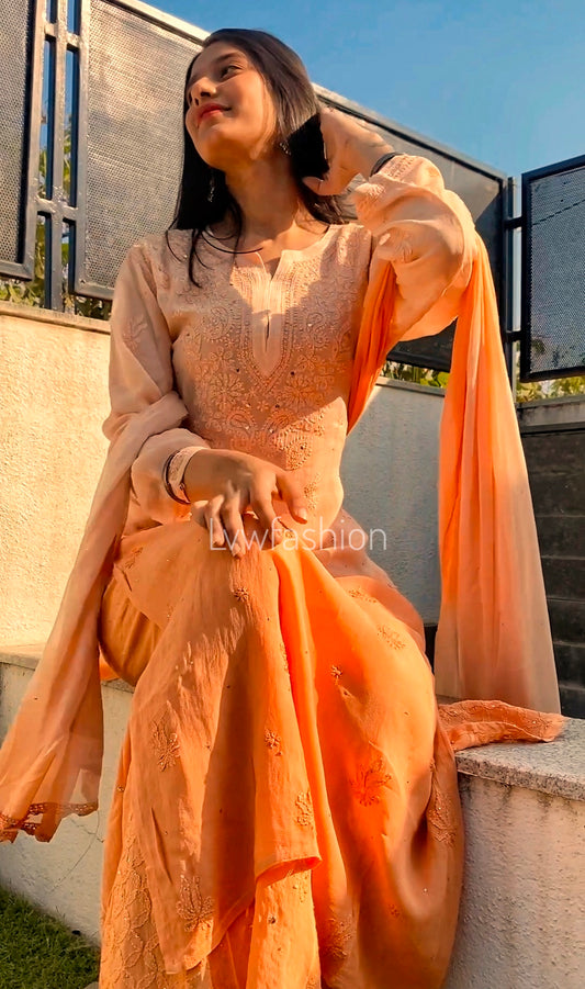 Powder Peach Premium Georgette Neck Booties Premium Georgette 3 Piece Set