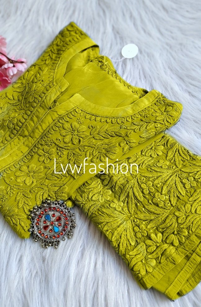 Beautiful Pear  Chikankari Embroidery Long Silk Kurta