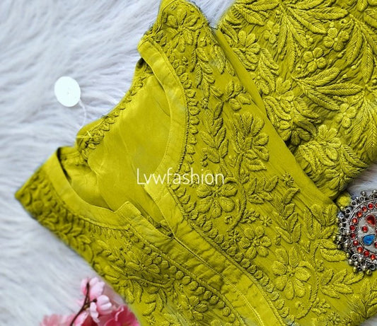 Beautiful Pear  Chikankari Embroidery Long Silk Kurta