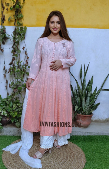 Fida Festive Collection Luxurious Look Anarkali Sharara Set Peach & White Combination
