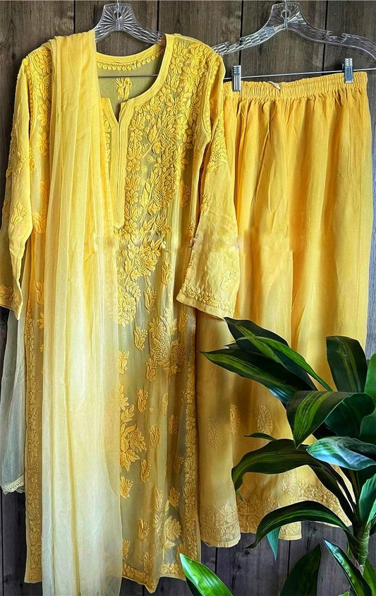 Turmeric Yellow Premium Georgette 3 Piece set 3D Chikankari Embroidery