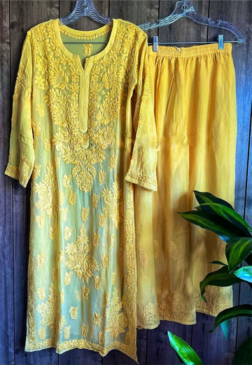Turmeric Yellow Premium Georgette 3 Piece set 3D Chikankari Embroidery