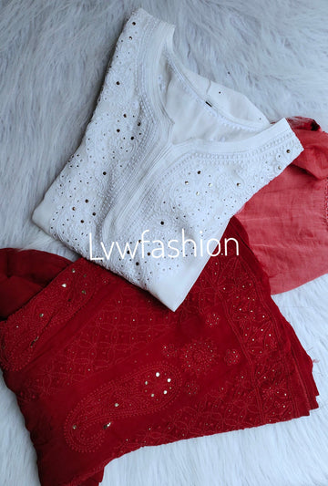 'Roohi' Beautiful Premium Georgette White Red Combination 3 Piece set