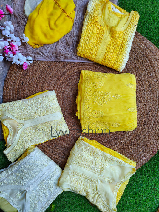 'Haldi Special Combo' Premium Georgette Combo Of 4 Tops Pair With 1 Gharara & 1 Duptaa (With 4  Slips)