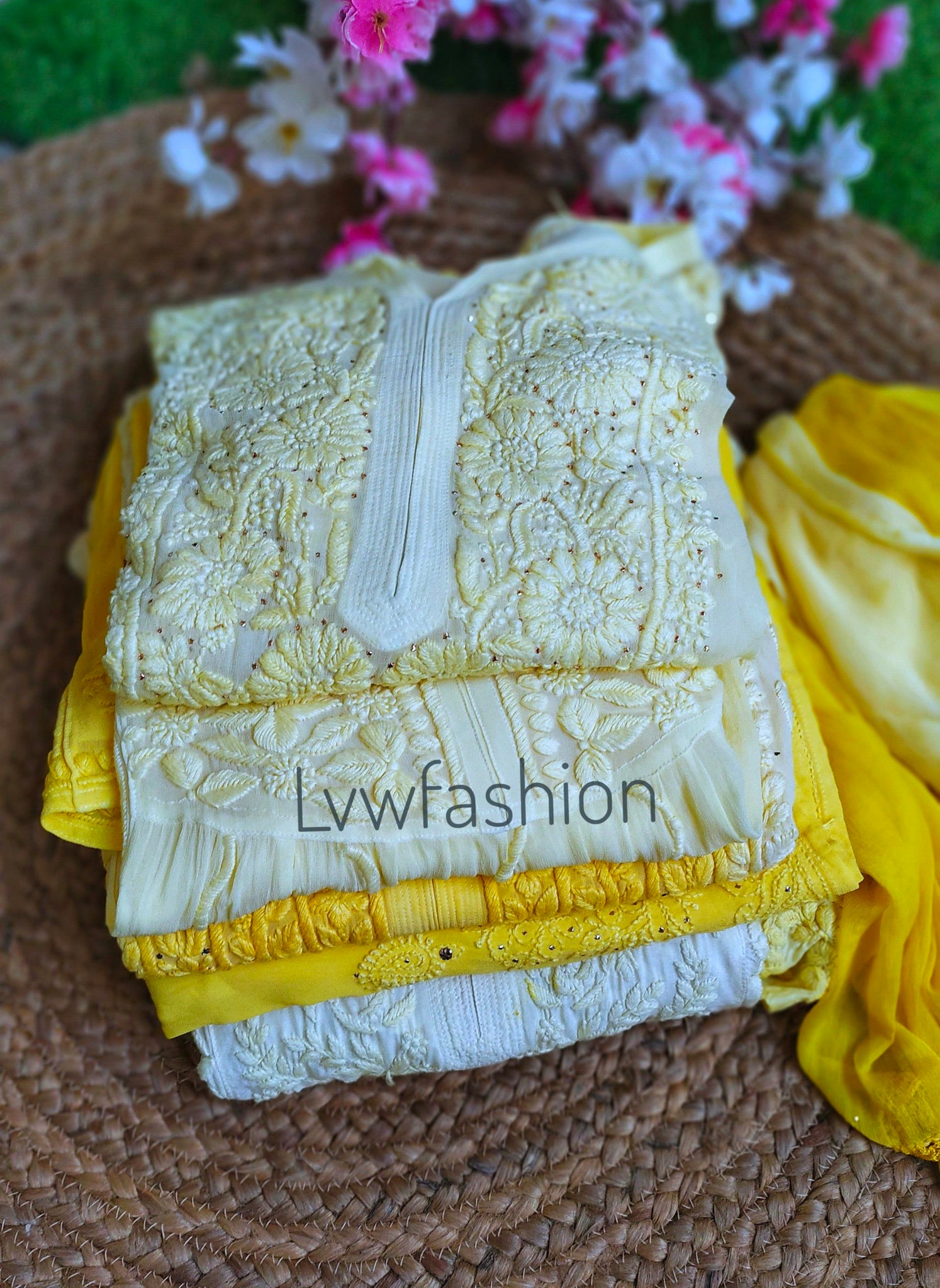 'Haldi Special Combo' Premium Georgette Combo Of 4 Tops Pair With 1 Gharara & 1 Duptaa (With 4  Slips)