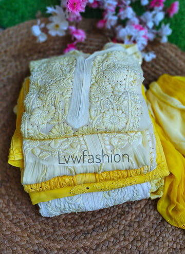 'Haldi Special Combo' Premium Georgette Combo Of 4 Tops Pair With 1 Gharara & 1 Duptaa (With 4  Slips)