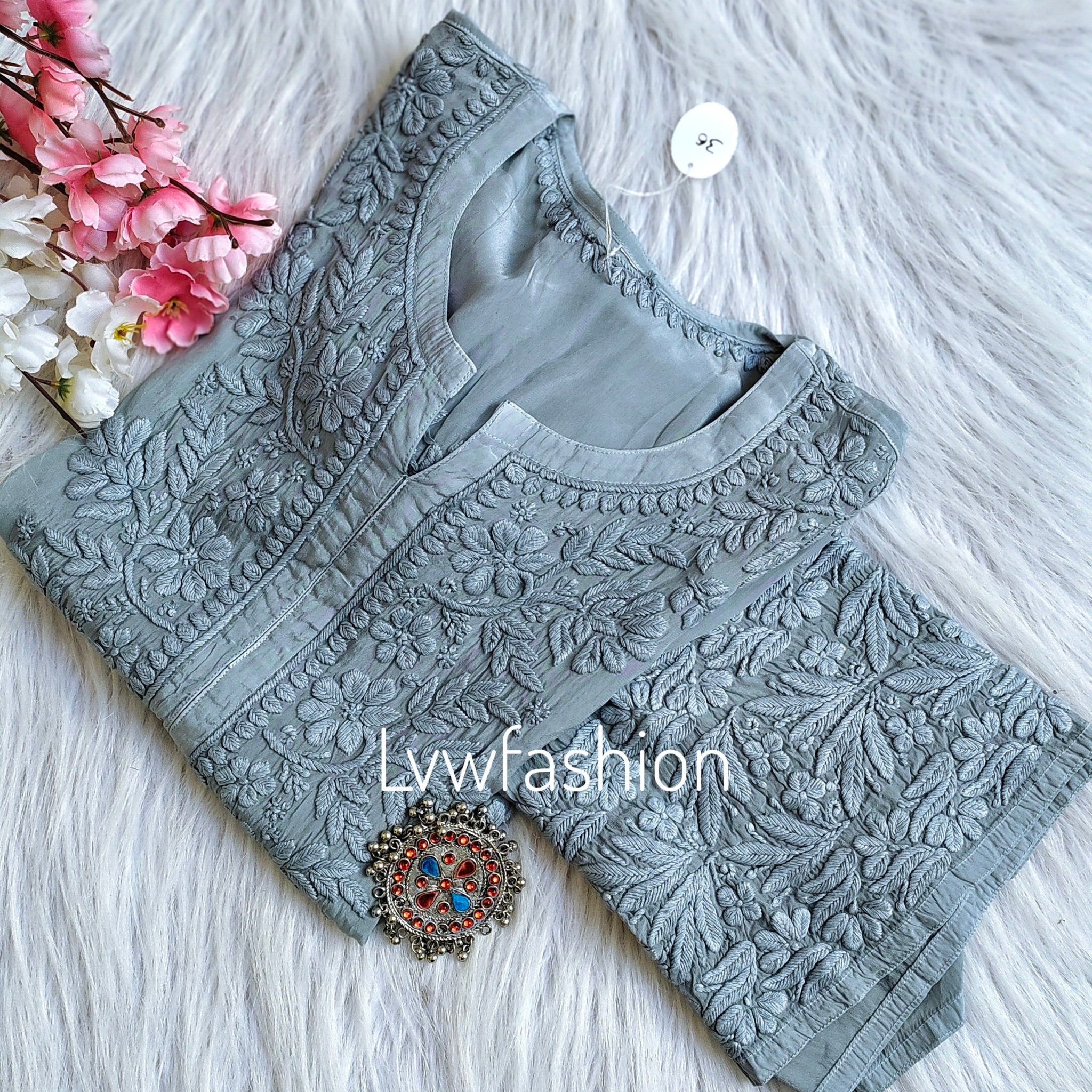 Grayish Premium silk Long kurta & Slip  with Chikankari Embroidery