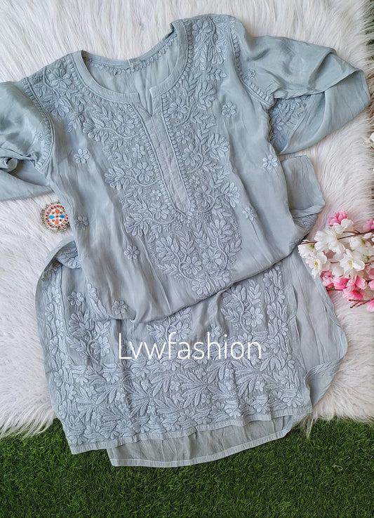 Grayish Premium silk Long kurta & Slip  with Chikankari Embroidery