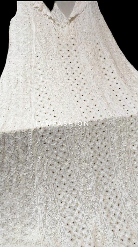 Beautiful white sleeveless A-line Anarkali dress with luxurious look and Chikankari embroidery, 50-inch length by LVW Fashion Luxurious.
