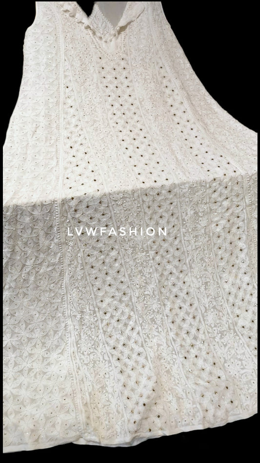 White sleeveless A-line Anarkali long dress by LVW Fashion Luxurious Chikankari, elegant and luxurious with intricate embroidery.