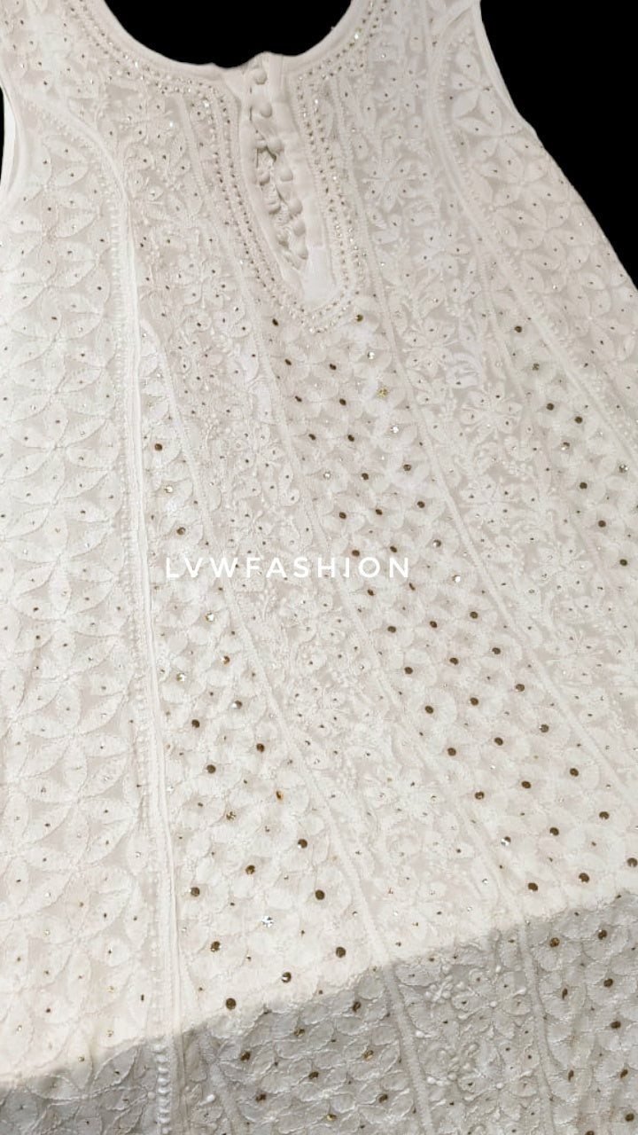 Beautiful white sleeveless A-line Anarkali dress with luxurious look and Chikankari embroidery, 50-inch length by LVW Fashion Luxurious.