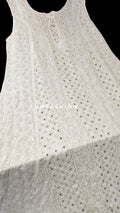 Elegant white sleeveless A-line Anarkali dress by LVW Fashion Luxurious Chikankari, long dress with intricate embroidery, 50-inch length.