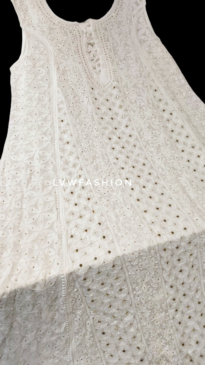 Elegant white sleeveless A-line Anarkali dress by LVW Fashion Luxurious Chikankari, long dress with intricate embroidery, 50-inch length.