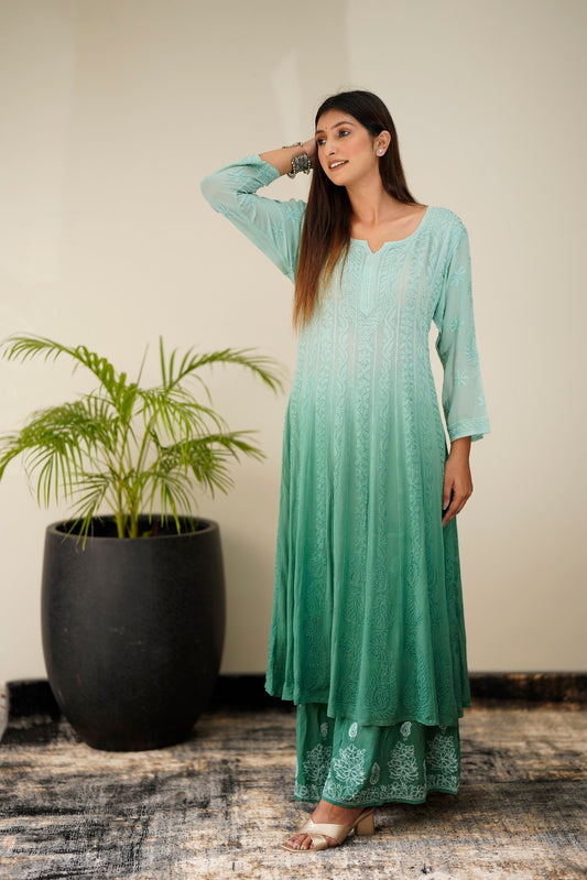 Luxurious Resham Chikankari Anarkali set by LVW Fashion with intricate embroidery, full-length dress, matching dupatta, and size XL.