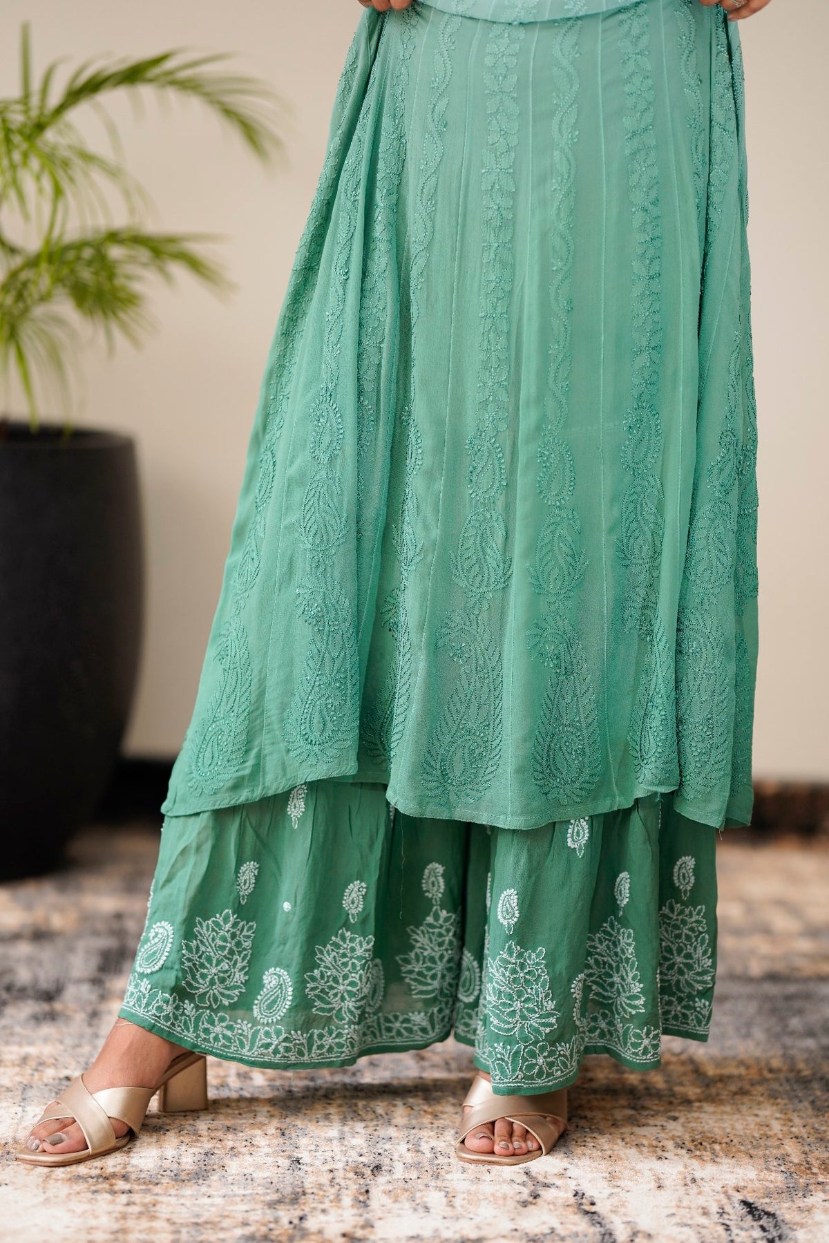 Luxurious Fida Resham Chikankari Anarkali set by LVW Fashion, full-length with dupatta, showcasing intricate embroidery and elegant design.