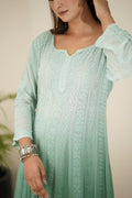 Luxurious Resham Chikankari Anarkali set by LVW Fashion with intricate embroidery, full outfit including dupatta, size XL.