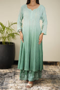 Full view of LVW Fashion Fida Luxurious Resham Chikankari Anarkali Set with matching dupatta, featuring intricate embroidery and rich fabric.