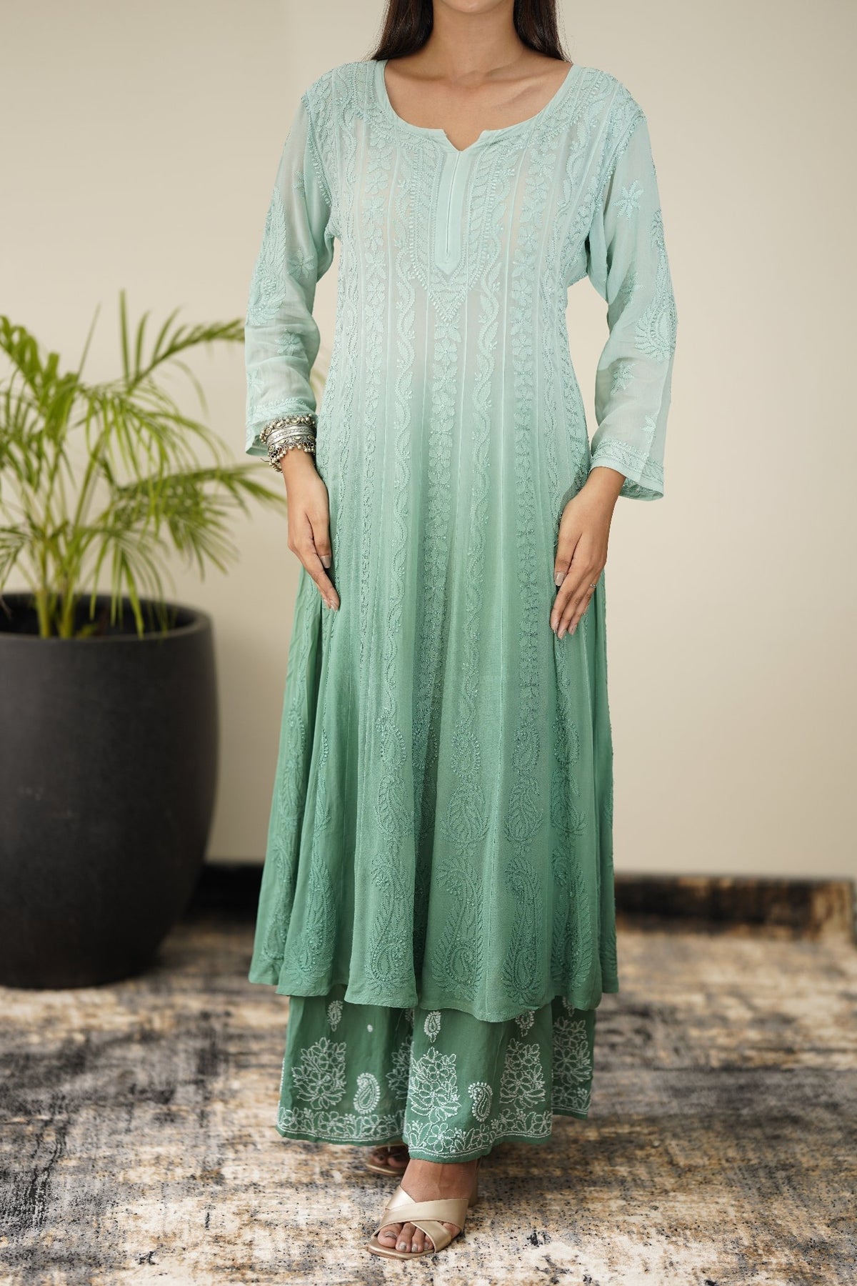 Full view of LVW Fashion Fida Luxurious Resham Chikankari Anarkali Set with matching dupatta, featuring intricate embroidery and rich fabric.