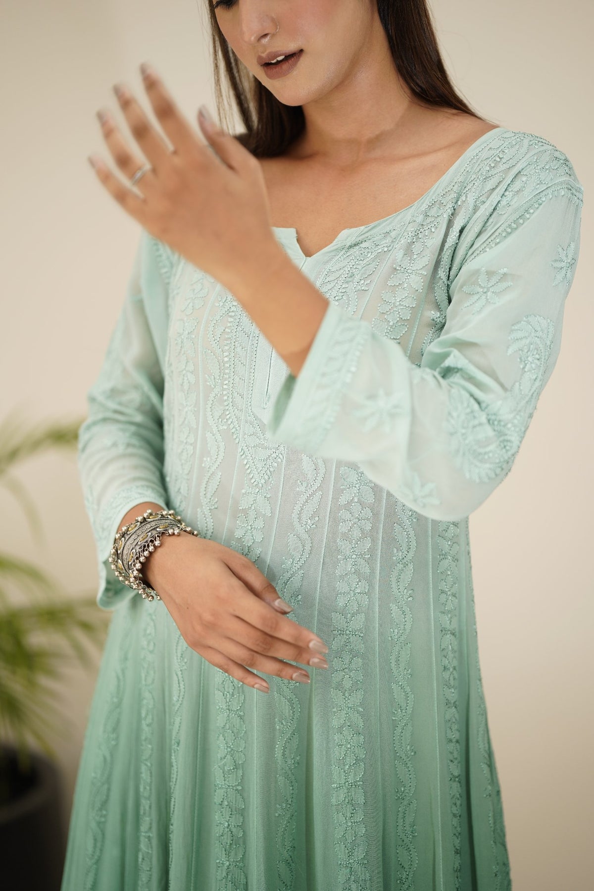 Luxurious Resham Chikankari Anarkali set by LVW Fashion, full-length with matching dupatta, detailed embroidery and elegant design.