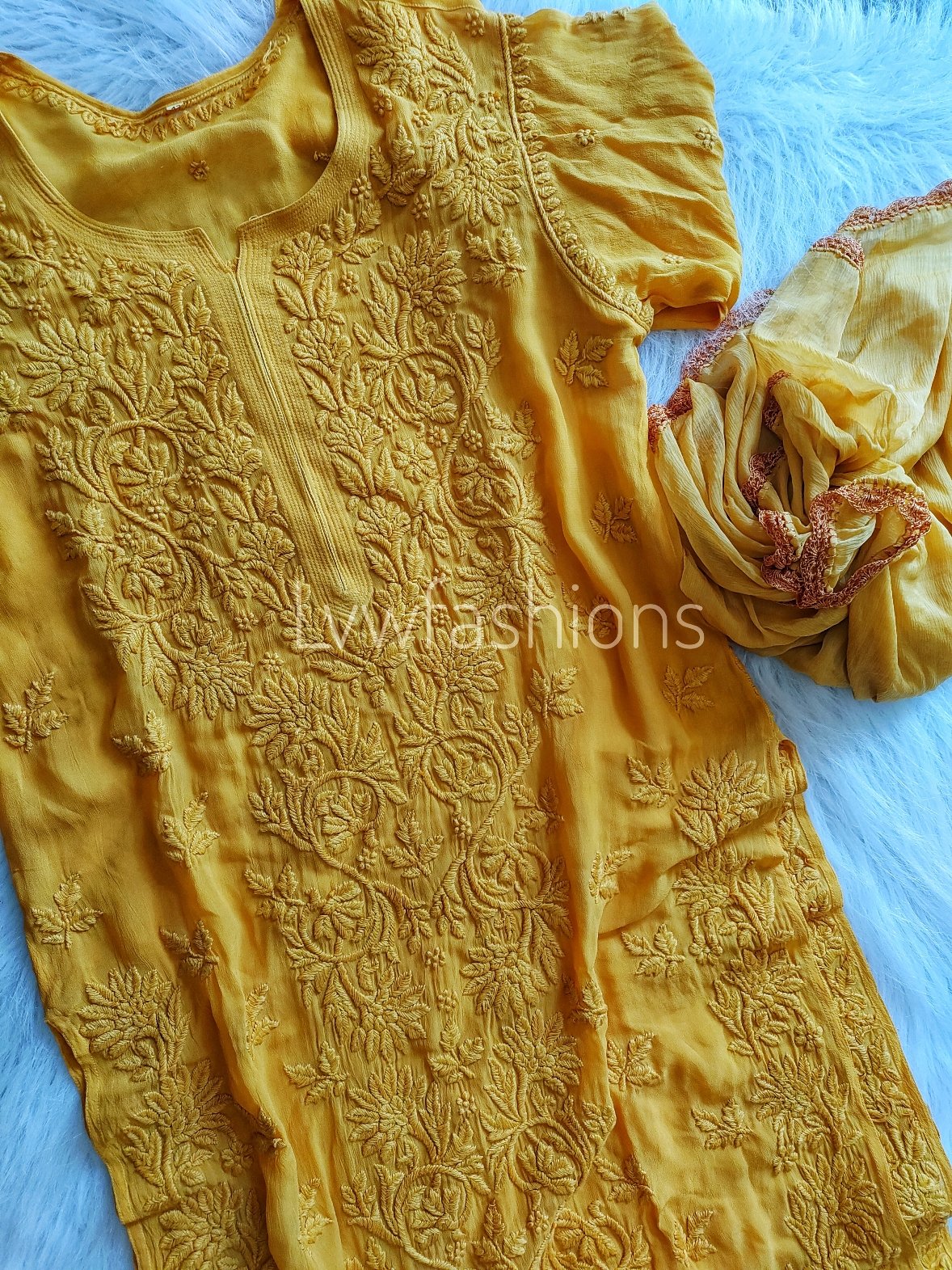 Mahira Premium Georgette Chikankari Palazzos Set in XL with intricate embroidery and matching top, by LVW Fashion Luxurious Chikankari.