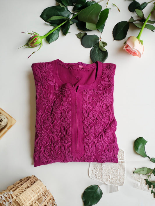 Mahira purple pure georgette long Chikankari kurta with inner, featuring intricate embroidery, by LVW Fashion Luxurious Chikankari.