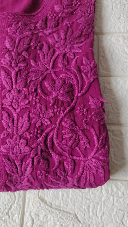 Mahira purple pure premium georgette long Chikankari kurta with inner, featuring intricate embroidery, by LVW Fashion Luxurious Chikankari.
