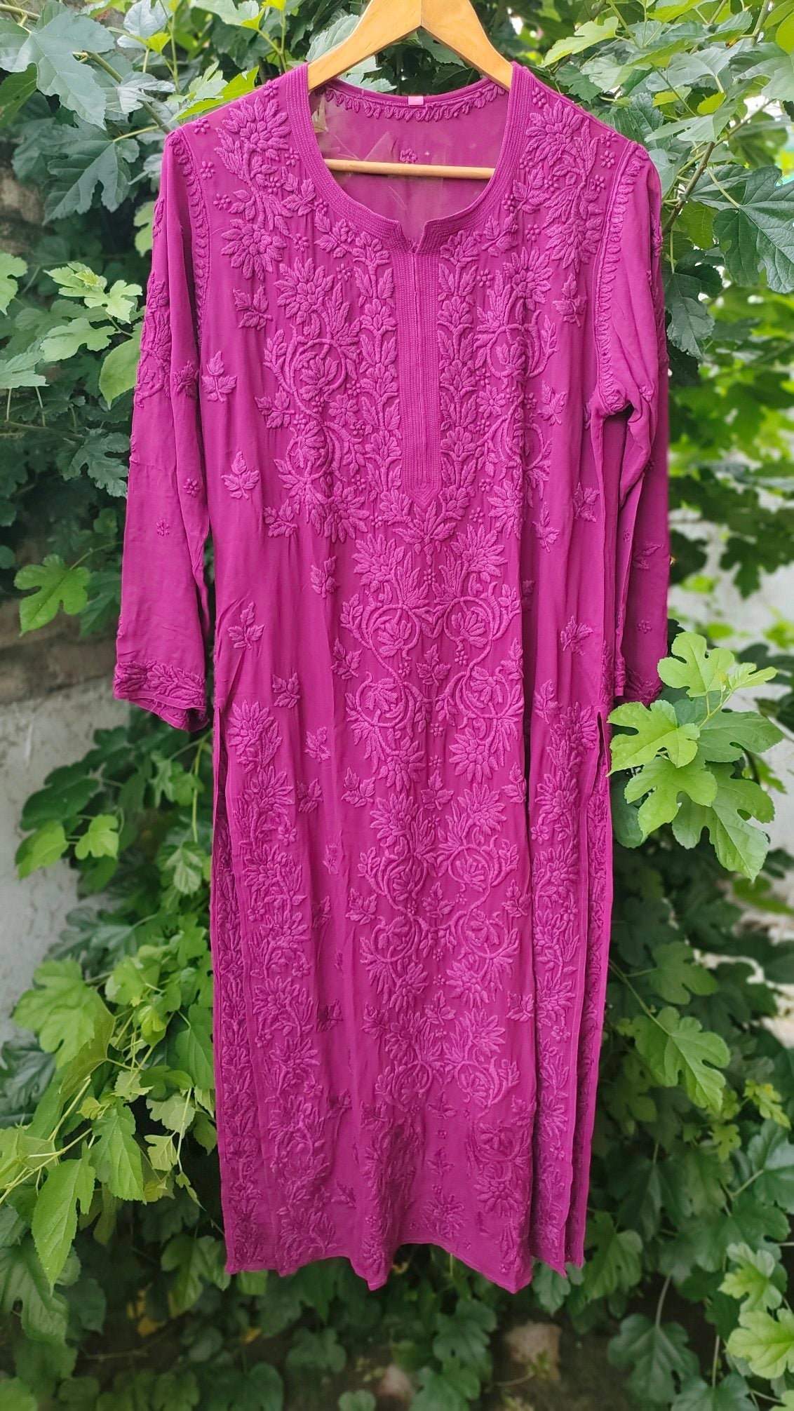 Purple Mahira long Chikankari kurta in pure georgette with intricate embroidery, by LVW Fashion Luxurious Chikankari, with inner lining.