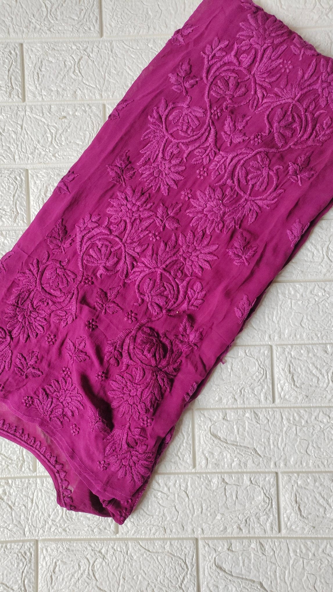 Purple Mahira long Georgette Kurta with intricate Chikankari embroidery and inner lining, by LVW Fashion Luxurious Chikankari.