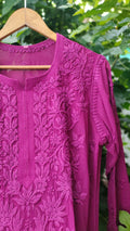 Mahira purple pure georgette long Chikankari kurta with inner, featuring intricate embroidery and a comfortable fit.