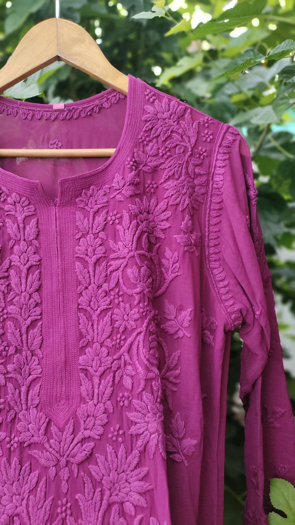 Mahira purple pure georgette long Chikankari kurta with inner, featuring intricate embroidery and a comfortable fit.