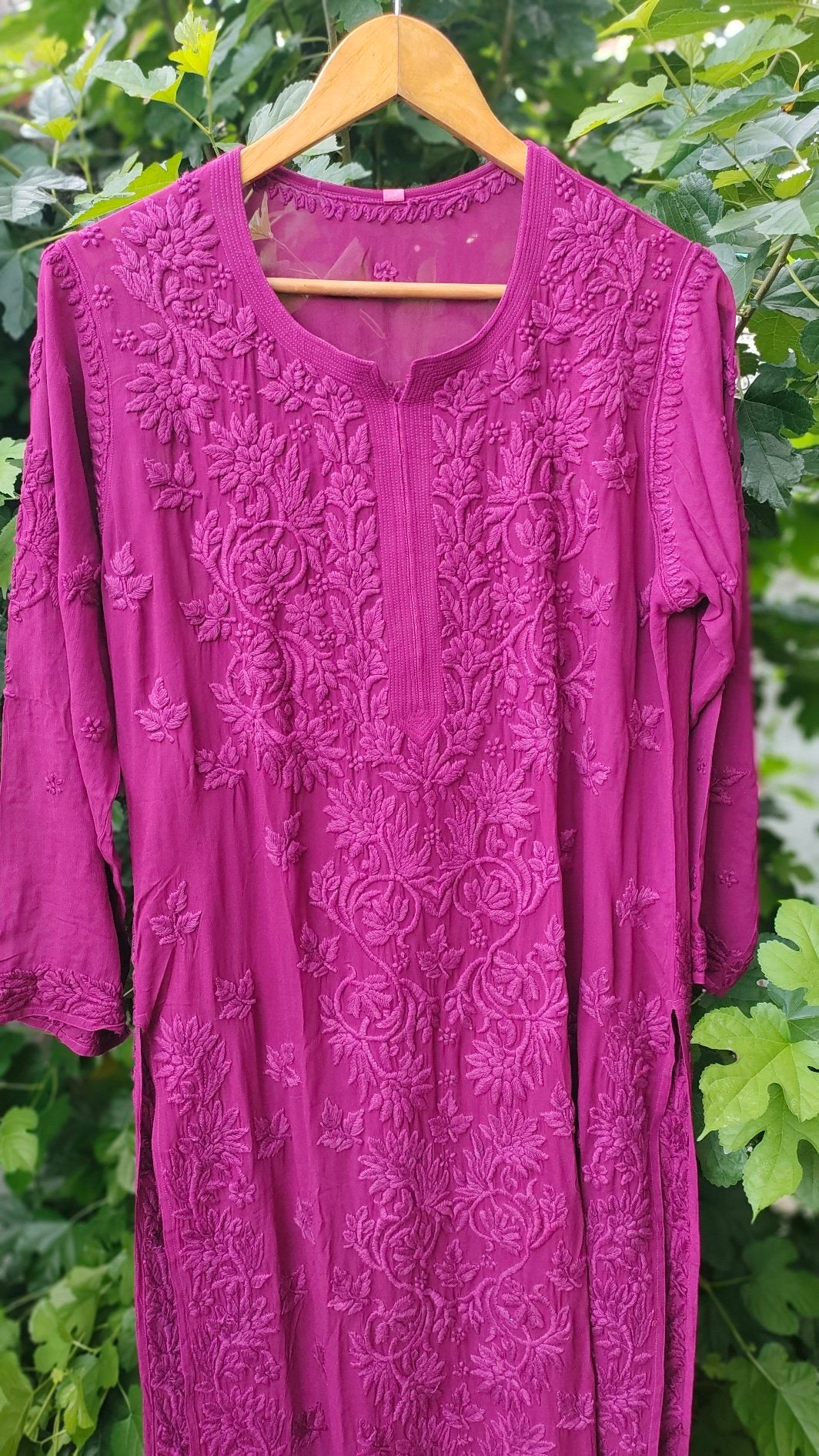 Purple Mahira long Chikankari kurta in pure georgette with embroidery, styled with inner for a luxurious look by LVW Fashion.