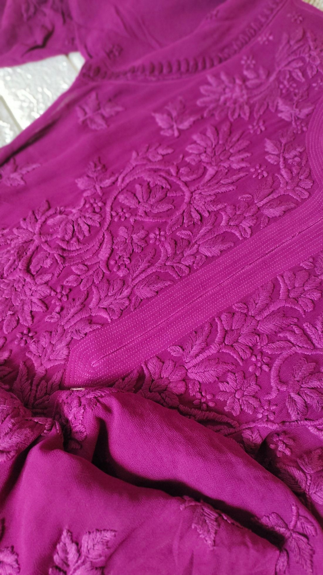 Mahira purple pure georgette long Chikankari kurta with inner, featuring intricate embroidery, by LVW Fashion Luxurious Chikankari.