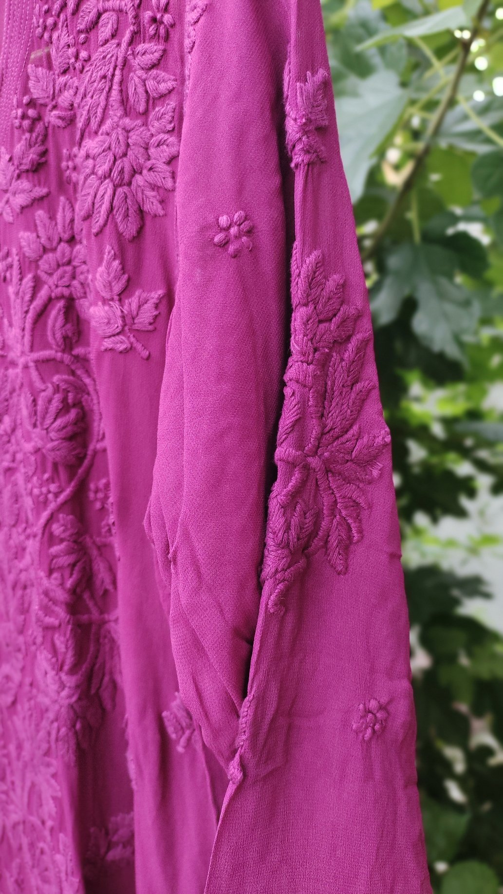 Purple Mahira long Georgette Chikankari kurta with intricate embroidery, featuring inner lining, by LVW Fashion Luxurious Chikankari.