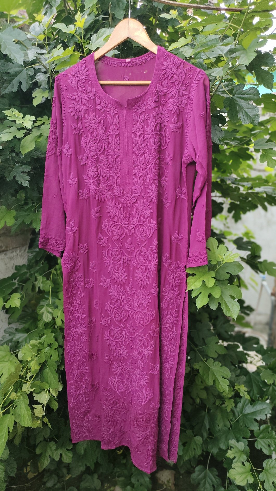 Mahira purple pure georgette long chikankari kurta with inner, featuring intricate embroidery, by LVW Fashion Luxurious Chikankari.