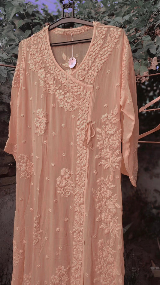 LVW Fashion Peach Duaa Powder Georgette Angrakha with intricate Chikankari embroidery, chest-only design, luxurious traditional style.