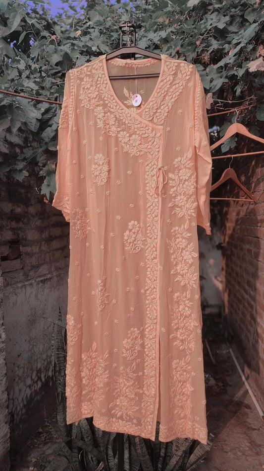 Duaa Powder Peach premium georgette Angrakha with intricate Chikankari embroidery, crafted by LVW Fashion Luxurious Chikankari.