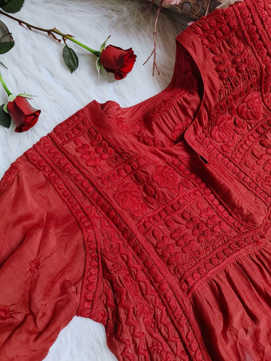 Luxurious Pakizah Silk Chikankari Anarkali dress by LVW Fashion, featuring intricate embroidery and a flowing silhouette.