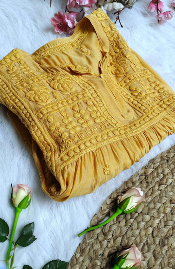 Luxurious Pakizah Super Soft Silk Chikankari Tunic by LVW Fashion, featuring intricate embroidery and a stylish design, size XL.
