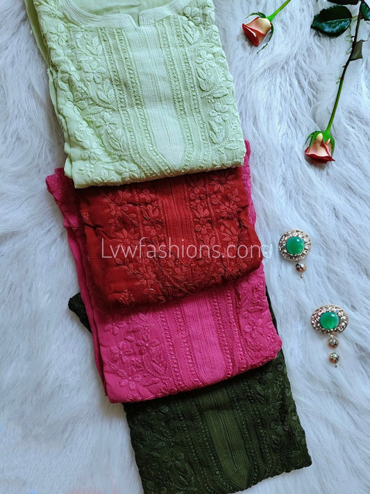 Pink Zainab Premium Georgette Chikankari long kurta with side big booties, crafted by LVW Fashion Luxurious Chikankari.