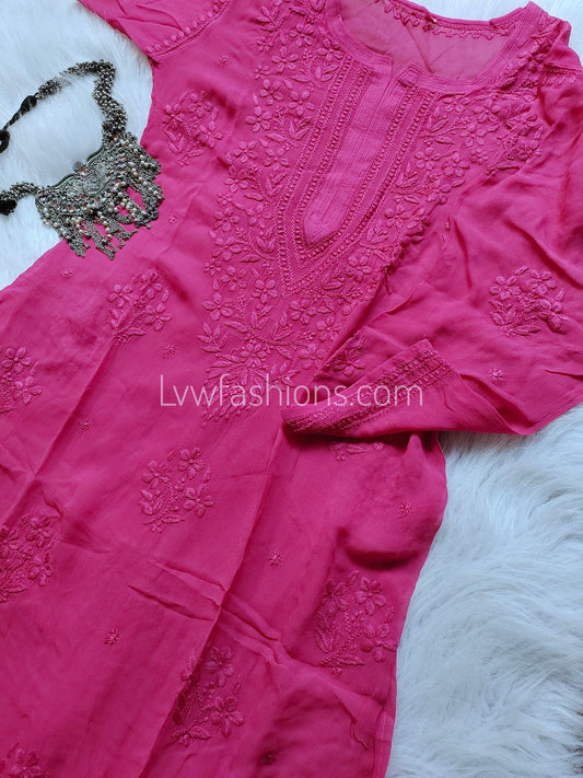 Pink Zainab Premium Georgette Chikankari Long Kurta with side big booties, crafted by LVW Fashion Luxurious Chikankari.