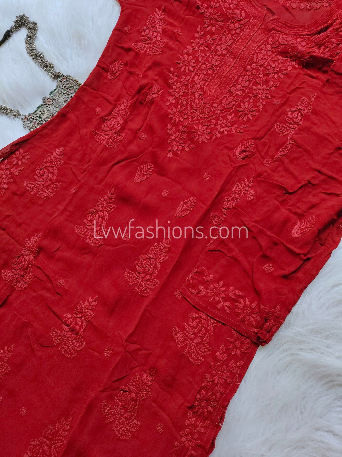 Pink Zainab Premium Georgette Chikankari long kurta with side big booties, luxurious traditional embroidery by LVW Fashion.